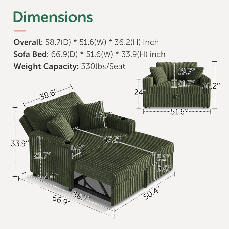 Pull Out Sofa Bed with Chaise Lounge, Vertical Green Corduroy Fabric