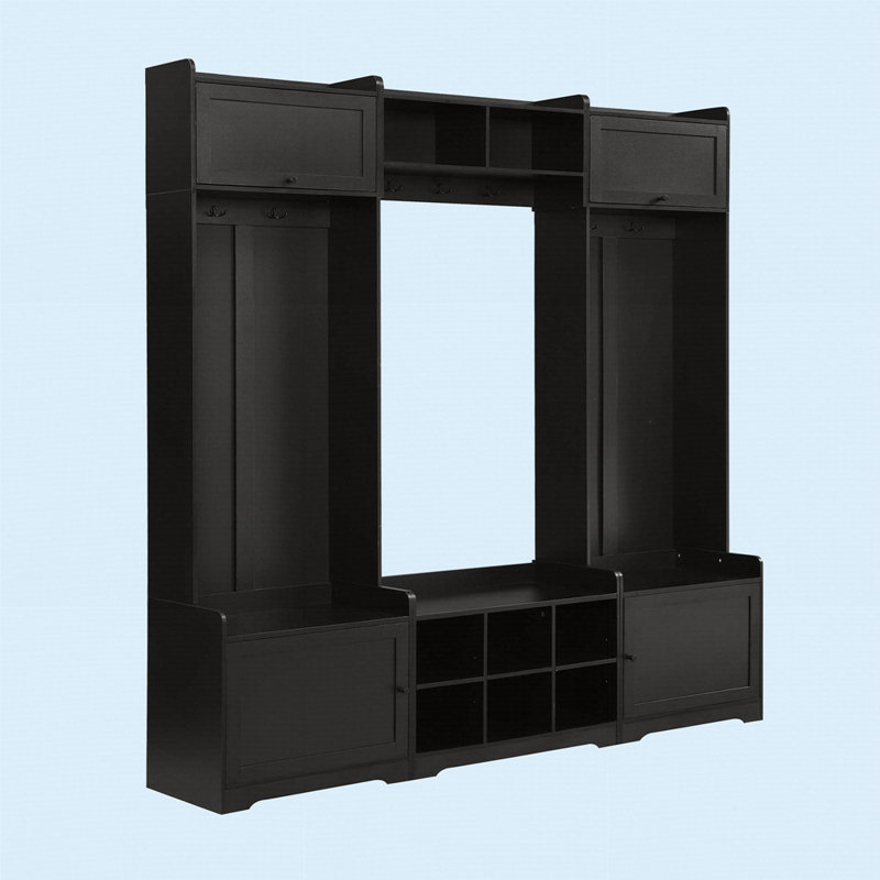 79.1" Wide Modern Hall Tree With Shoe Storage, 4-In-1 Entryway Bench With 8 Cubbies, 7 Coat Hooks & Adjustable Shelf, Black
