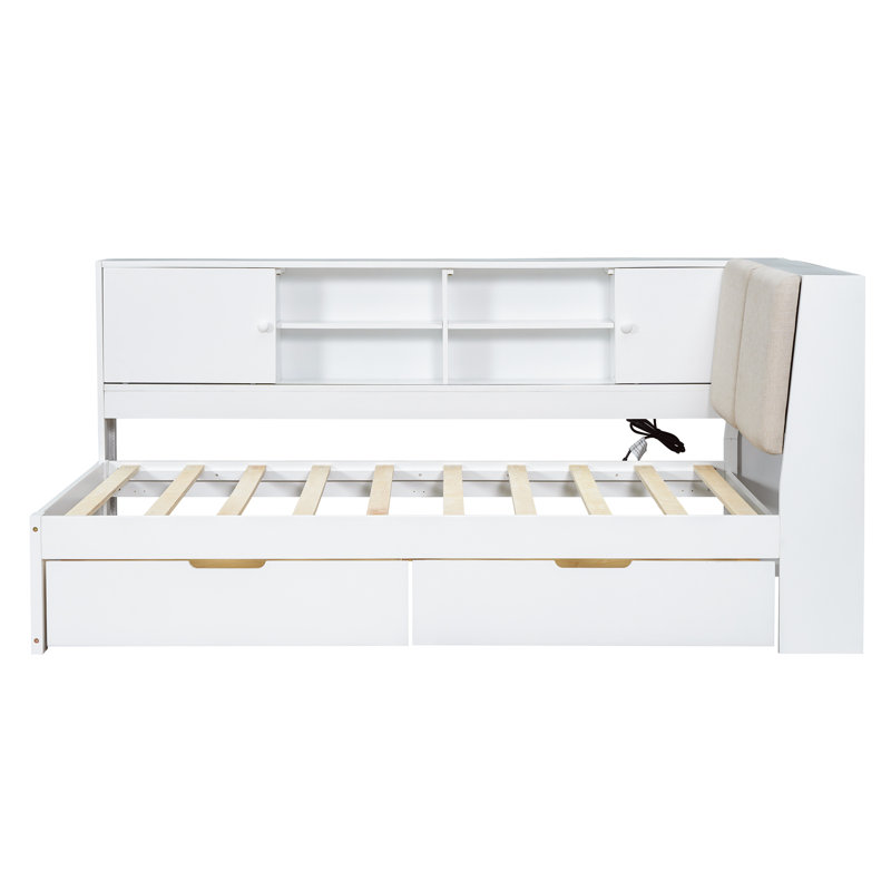 Wooden L-Shaped Daybed Corner Bed Under-Bed Drawers  With Storage Bookcase And Upholstered Headboard And USB Charging Ports For Limited Space