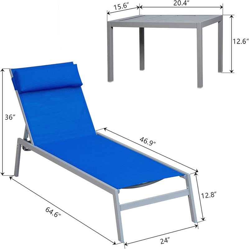 Ensemble de chaises longues de patio, 3 chaises de piscine à dossier réglable en acier textilène avec repose-tête (Blue.2 chaises longues + 1 table)
