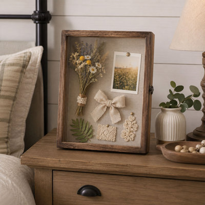 11" x 14" Wooden Shadow Box Frame, Memory Display Case with Hinged Glass Door and Linen Backboard