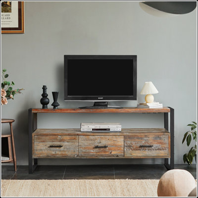 Meuble télé 60 pouces en bois récupéré avec 3 portes, plateau ouvert, finition antique