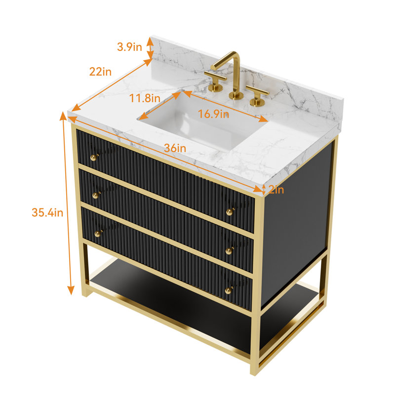 36 po X P 22 po P 35,4 po Meuble-lavabo simple H noir avec comptoir en marbre blanc et armoires à pharmacie