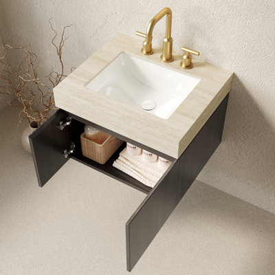 24 Inch Floating Bathroom Vanity with Sink, 2-Door Plywood Cabinet and Sintered Stone Countertop