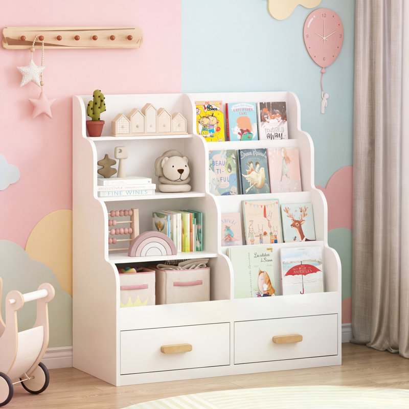 Étagère pour enfants avec rangement pour jouets et livres, bibliothèque frontale pour tout-petits avec 2 tiroirs, blanche