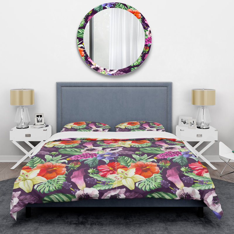 Green Leaf and Flowers - Ensemble de housse de couette floral - Polyester microfibre