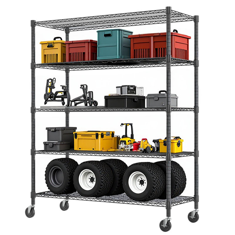 Heavy Duty Storage Shelves, 5 Tier Wire Shelving Unit With Wheels, Commercial Adjustable Metal Shelves For Storage, Garage Rack Pantry Shelves Kitchen Shelving