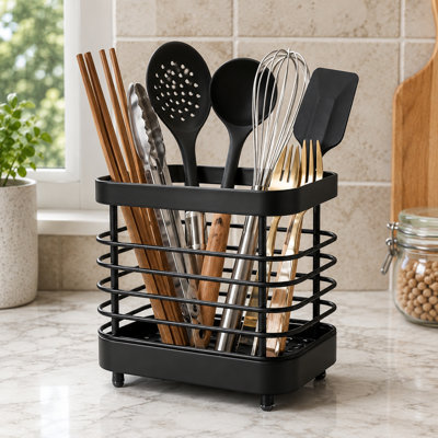 Black Small Stainless Steel Cutlery Drainer Caddy, Kitchen Sink Utensil Drying Rack for Spoons and Forks