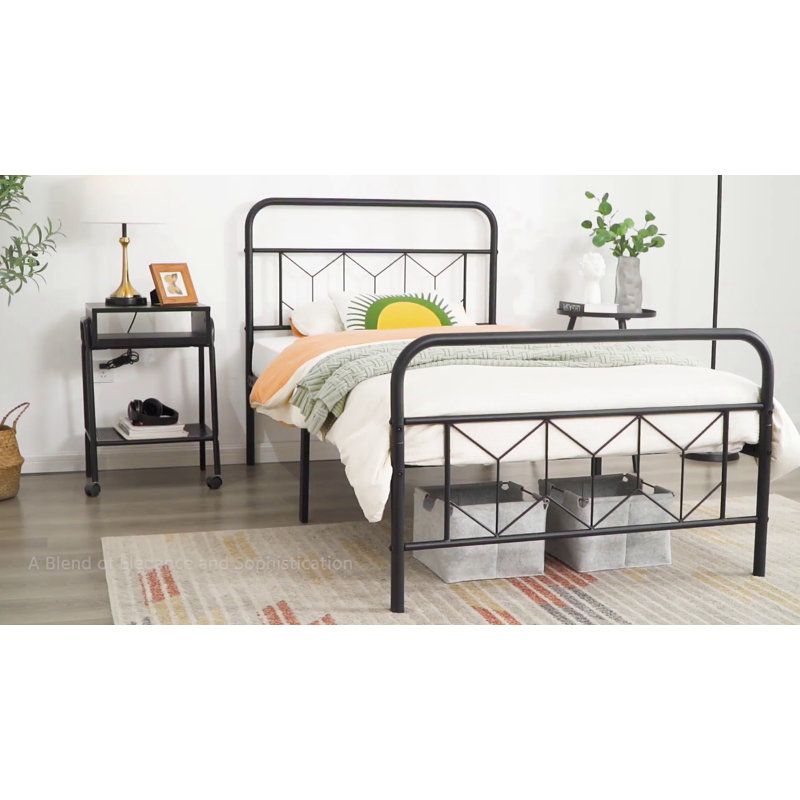 White Queen Metal Platform Bed Frame with Headboard