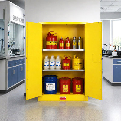 Armoire de sûreté inflammable 90 gallons, l 43 po x P 34 po x H 65 po, armoire de rangement liquide en acier laminé à froid, 2 portes manuelles à usage industriel, jaune