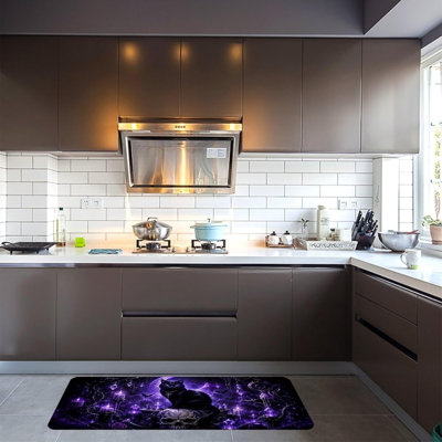 Tapis de cuisine en flanelle douce antidérapante à motif de crâne de chat noir mystique, 40 x 60 cm