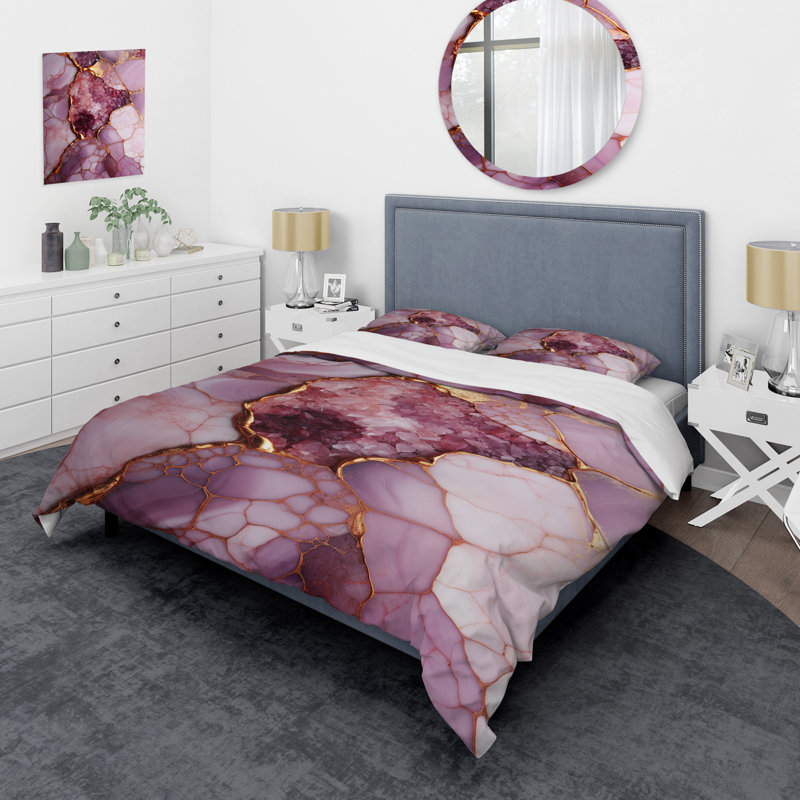 Ensemble de housse de couette abstrait rose et doré Marble River II - Abstract, Housse de couette pour très grand lit