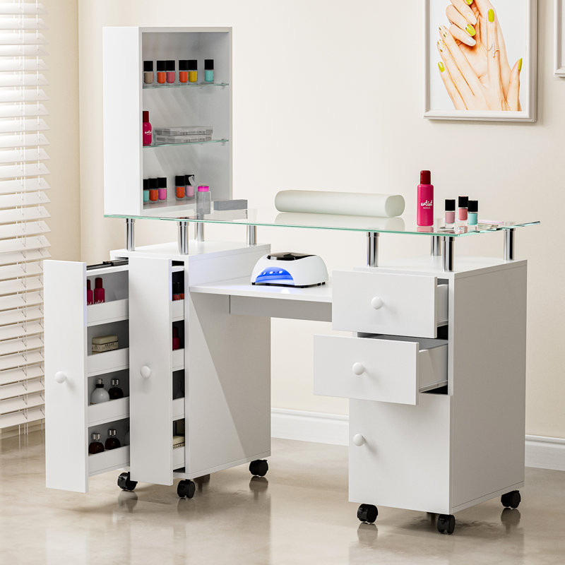 Table manucure pour clou pour technicien, station pour table à clou résistante à l'acétone avec plateau en verre, coussin de poignet, tablettes à 3 niveaux, roues verrouillables et armoire (blanc)