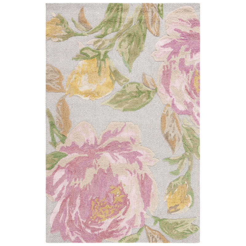 Albertice Floral Hand Tufted Wool/Cotton Area Rug in White/Pink, Rectangle 6' x 9'