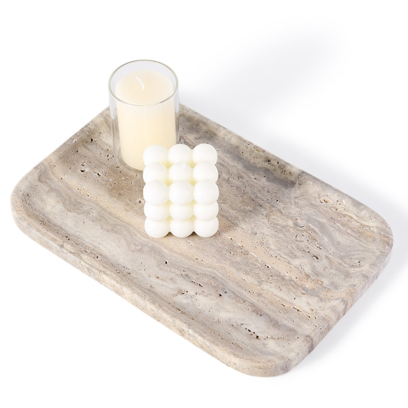 Guein Rectangle Natural Marble Tray,Travertine Silver