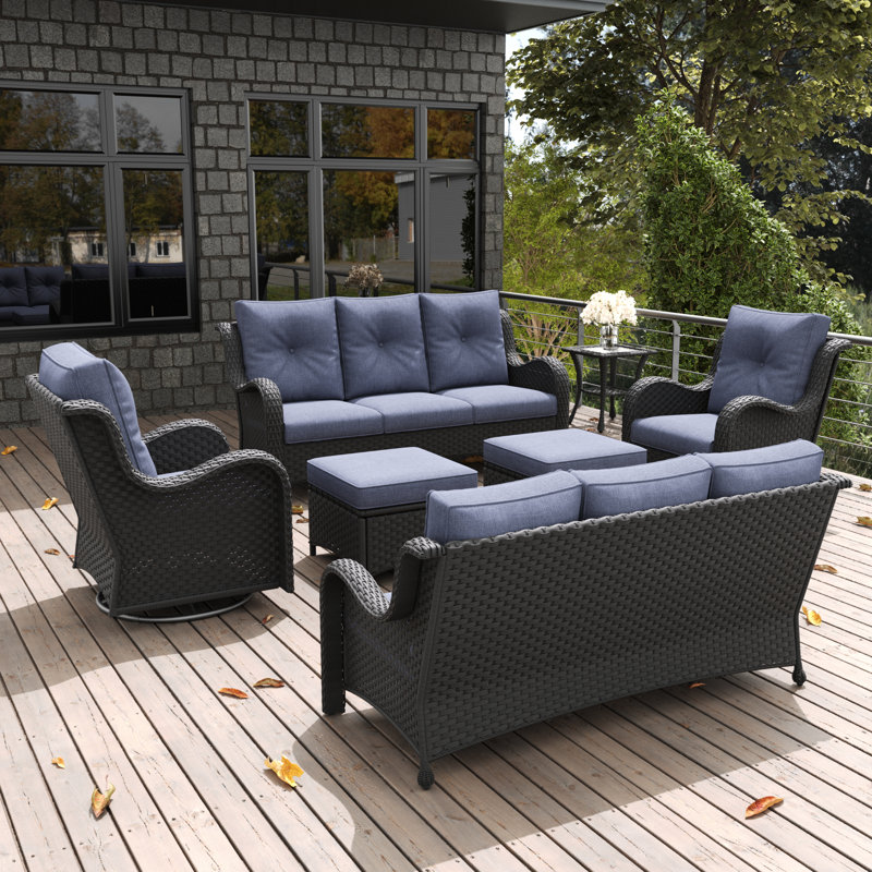  7 Pieces Outdoor Patio Furniture Set, Rattan Wicker Sectional Swivel Rocker Chairs Sets With Ottomans, Swivel Glider Chairs And Coffee Table