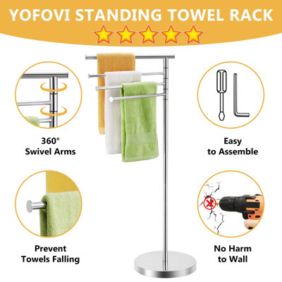 Porte-serviettes autoportant, porte-serviettes de grande taille pour salle de bain, avec base lestée, porte-serviettes de séchage moderne avec 4 bras pivotants, acier inoxydable (nickel)