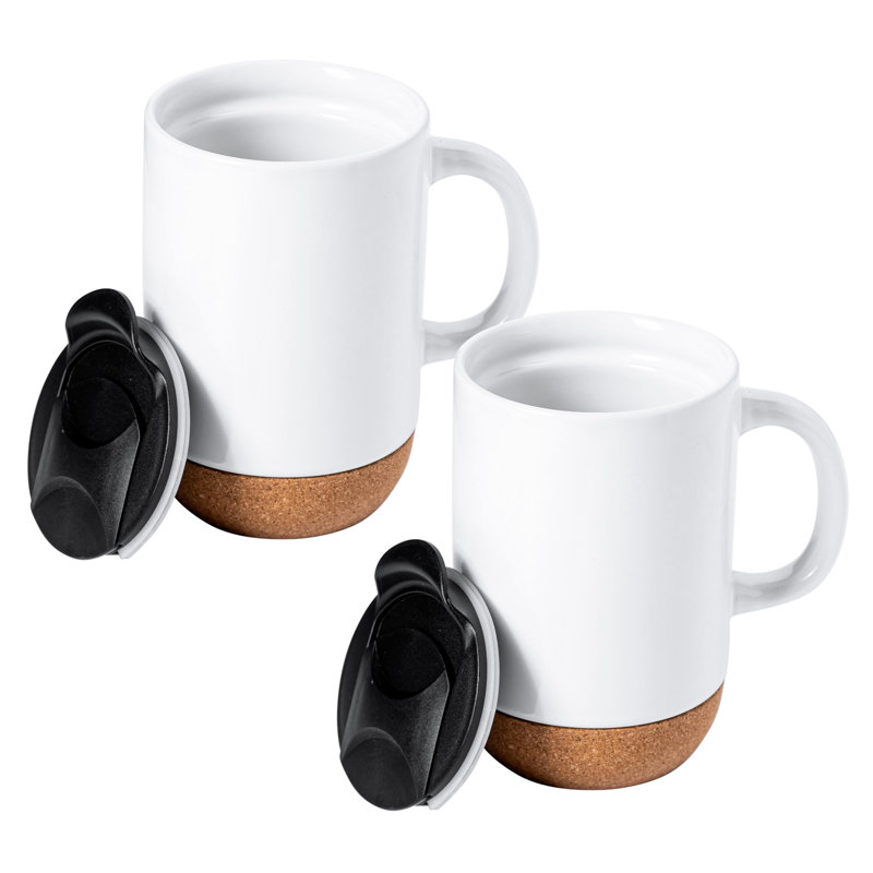 Ensemble de grandes tasses en grès blanc 16,5 onces avec couvercle et base en liège Gibson, Blanc