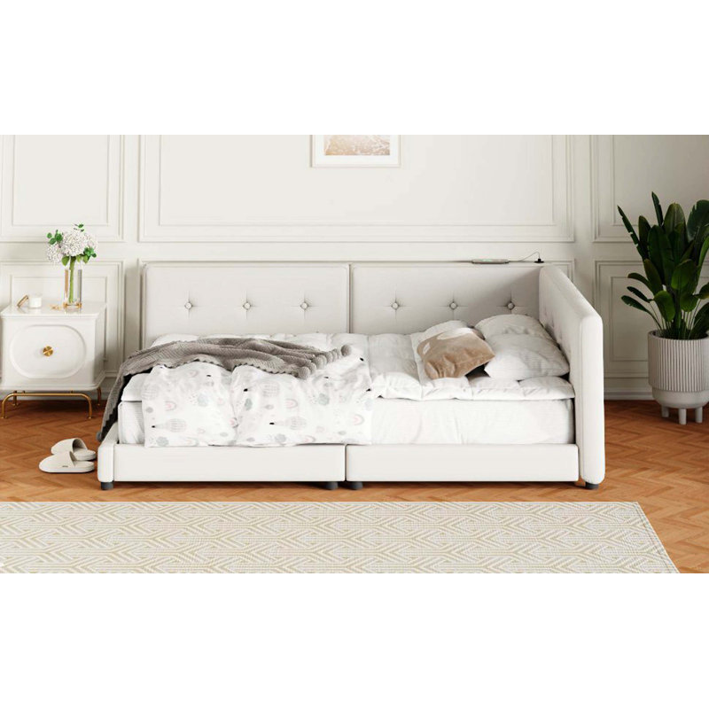 Lit plateforme tapissier grand avec ports USB intégrés, beige