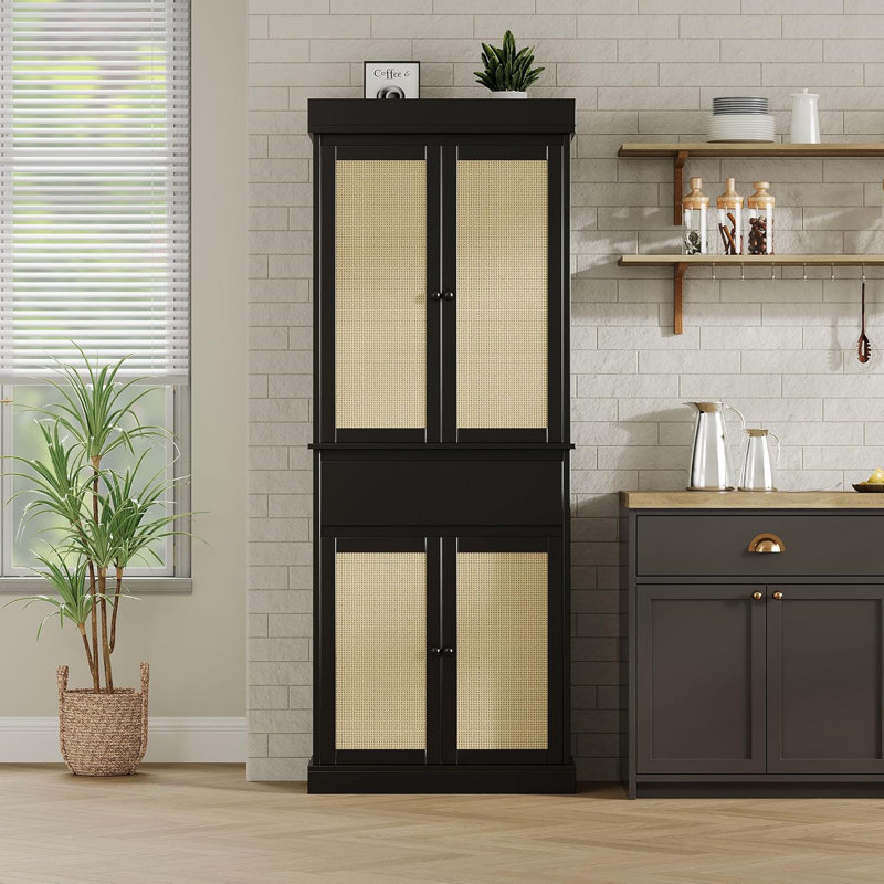 Garde-manger mince et haut - 4 portes en rotin, un tiroir et 2 tablettes réglables - Armoire de rangement autoportante pour l'entrée, la cuisine, la salle à manger, la salle de bain ou le bureau