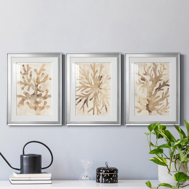 Parchment Coral I - ensemble de 3 cadres photo, H 30,5 po x l 67,5 po x P 1 po, Cadre argenté