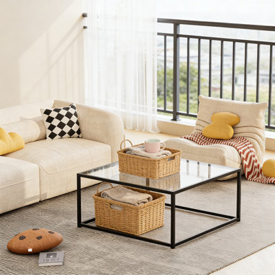 Table basse moderne carrée en verre avec structure en métal, table de salon minimaliste pour petits espaces, assemblage facile, plateau en verre trempé