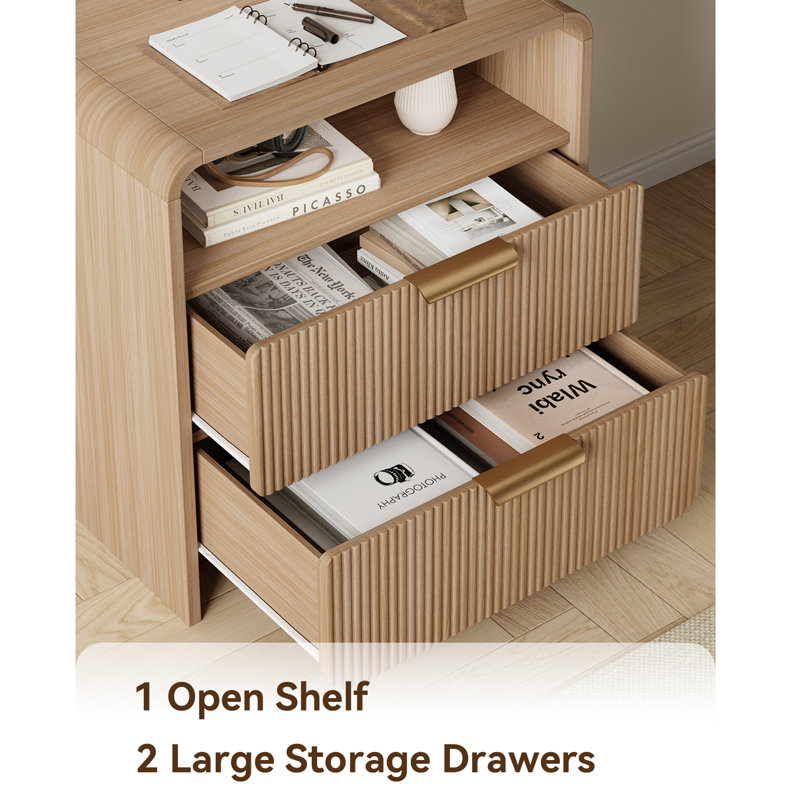 25''H 2-Drawer Nightstand w/ Charging Station, Modern Fluted Bedside Table, Curved Profile Design, Individual, Light Oak