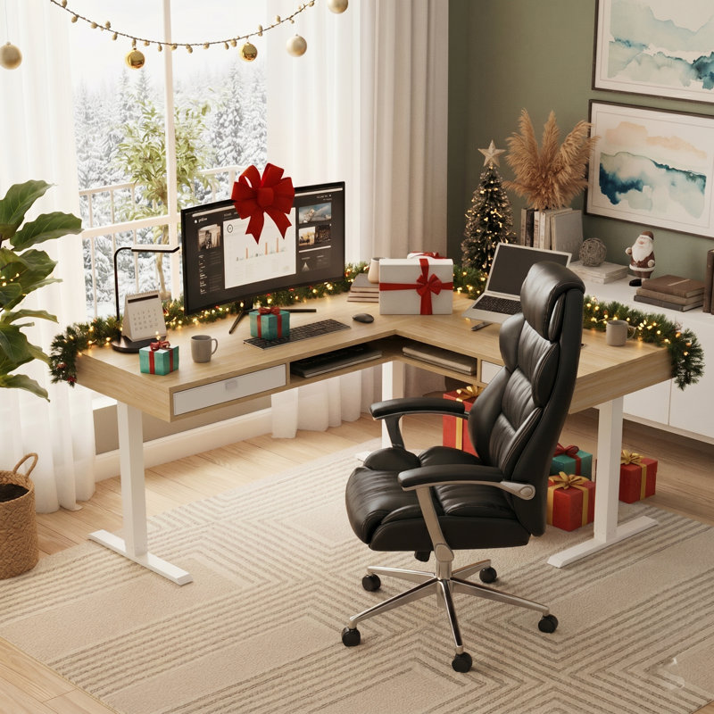 63" X 55" Electric L-Shaped Standing Desk, Height Adjustable Corner Desk With 2 Under Desk Drawers & Open Storage, Sit-Stand Desk With Power Strip Tray & Cable Management