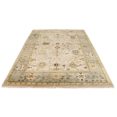 6x9 Beige and Blue Turkish Oushak Rug