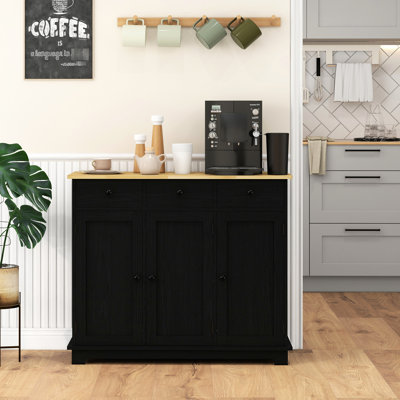 Commode en lin noir vieilli - Plateau en bois massif, 3 tiroirs, portes, tablette réglable - Solution de rangement élégante pour salle de bain