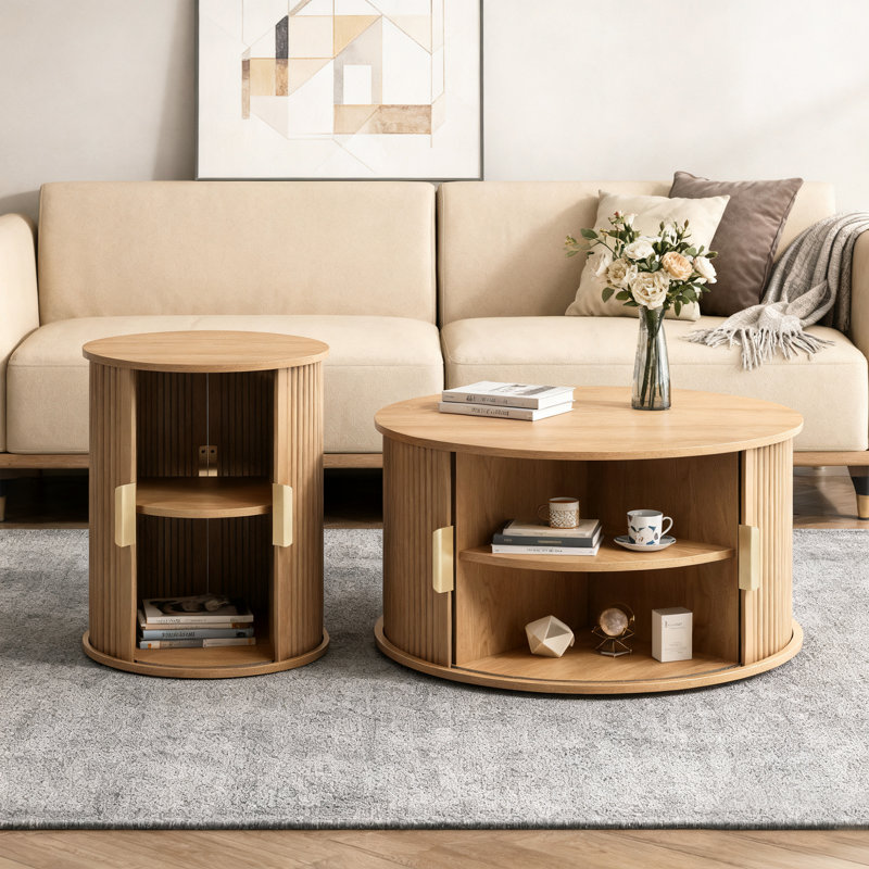 Ensemble de 2 tables basses rondes emboîtables, avec porte tambour ronde Mid-Century, Natural