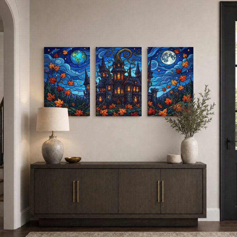Château gothique aux fenêtres lumineuses et ensemble de 3 toiles murales d'Halloween, 24"H x 16"W x 3pcs