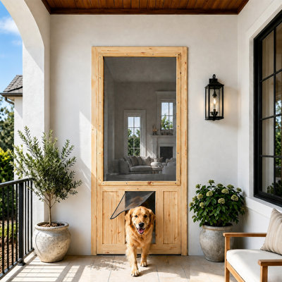Wood Screen Door with Pet Door and Frame Pine Exterior Screen Door with Nylon Mesh Unfinished Entry Door for Porch Patio