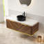 Meuble-lavabo et lavabo pour salle de bain 48 po Dipa, armoire de rangement en contreplaqué flottant, tiroirs avec poignée et capteur de lumière, vasque en céramique à motif de pierre noire et plateau en pierre frittée, pré-assemblé, couleur grain de bois noyer foncé-760744658