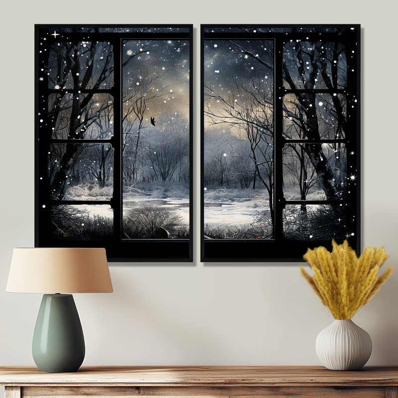 «Midnight Gothic Winter Window View I - Large Winter Landscape», art mural, Noir, H 36 po x l 48 po