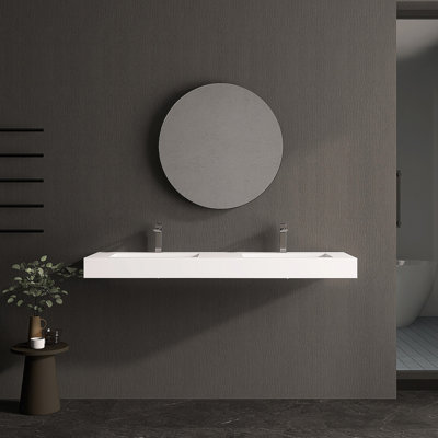 59'' Rectangular Stone Resin Double Bathroom Sink With Faucet Holes