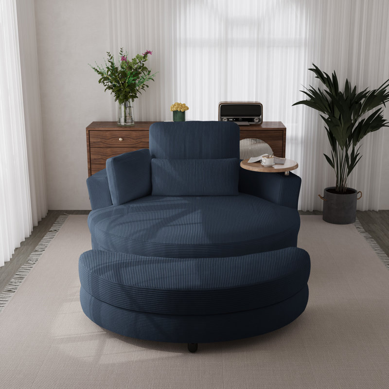 Upholstered Swivel Barrel Chair With Ottoman And Tray, Soft Corduroy Fabric, Blue Corduroy