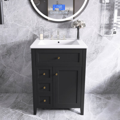 24" Bathroom Vanity With Sink - MDF & Rubberwood Build, 3 Drawers, Cabinet With Adjustable Shelves