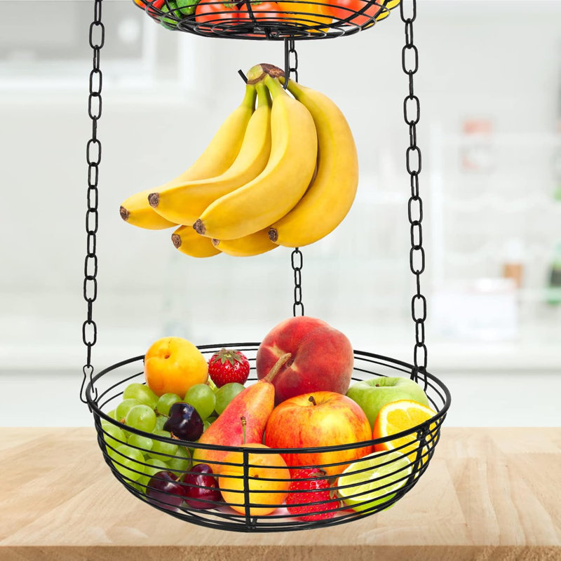 3 Tier Hanging Fruit Basket With Banana Hook, Heavy Duty Wire Hanging Baskets For Kitchen Storage, Hanging Vegetable Produce Basket Organizer