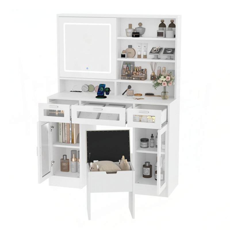 Charmante coiffeuse avec miroir coulissant, lumières DEL et beaucoup de rangement, parfaite pour les chambres à coucher modernes et élégantes