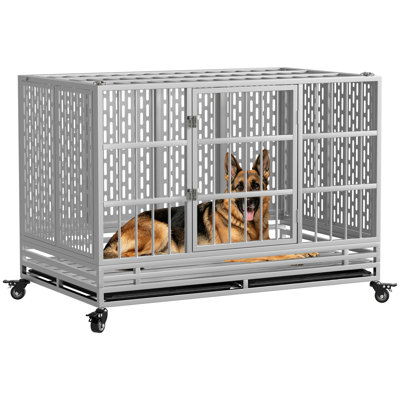 Heavy Duty Dog Crate With Wheels, Folding Metal Big Dog Cage For Large And Medium Dogs, Indestructible Furniture Style Dog Crate With Removable Tray.