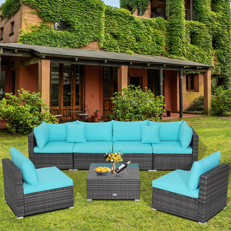 Minooka Wicker 6 - Person Patio Conversation Set with Cushions, Turquoise