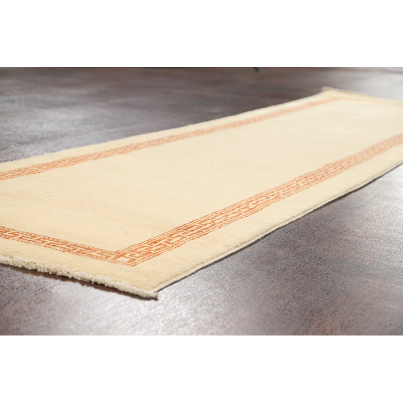 Tapis de couloir beige en laine noué à la main de conception unique 2 pi 8 po x 10 pi 2 po New Age