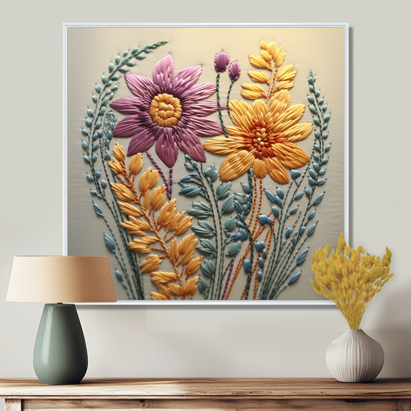 «Pastel Spring Flower Emb broderie I» - impression d'art mural fleurs sauvages, Toile encadrée flottée blanche