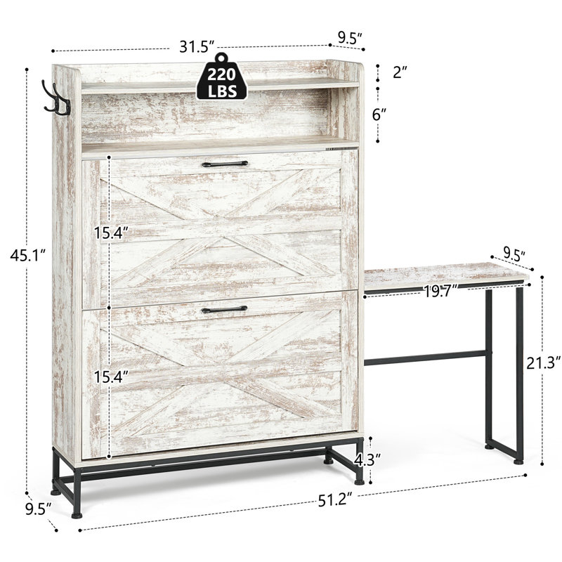 Armoire à chaussures blanche pour les entrées, 2 tiroirs rabattables avec fentes réglables, rétro rustique, basculante, option polyvalente Support à la maison: blanc, fentes et tablette design