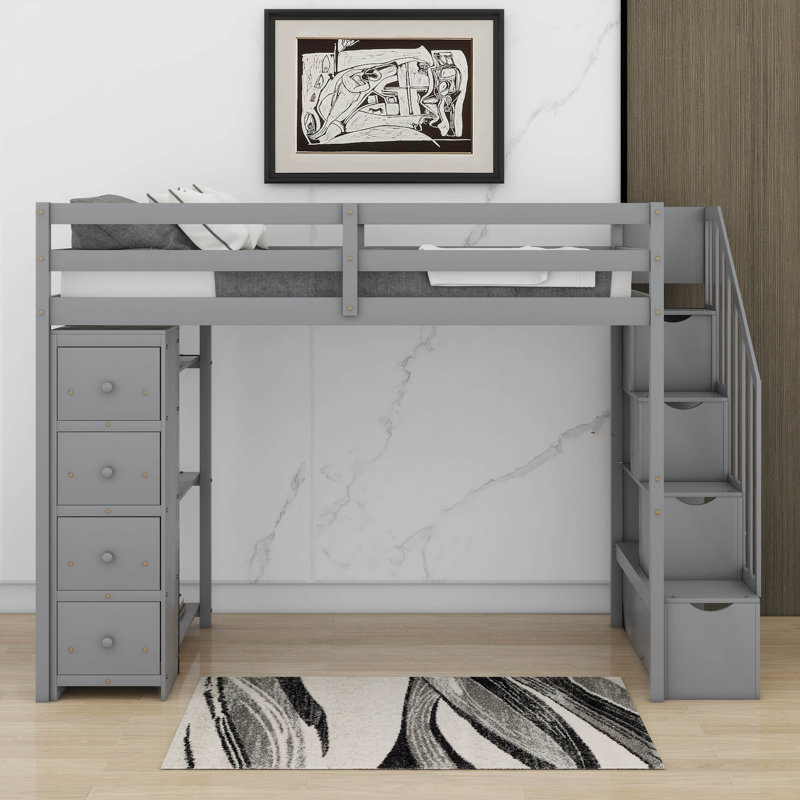 Lit mezzanine simple avec tiroirs, tablettes et escaliers, Gris