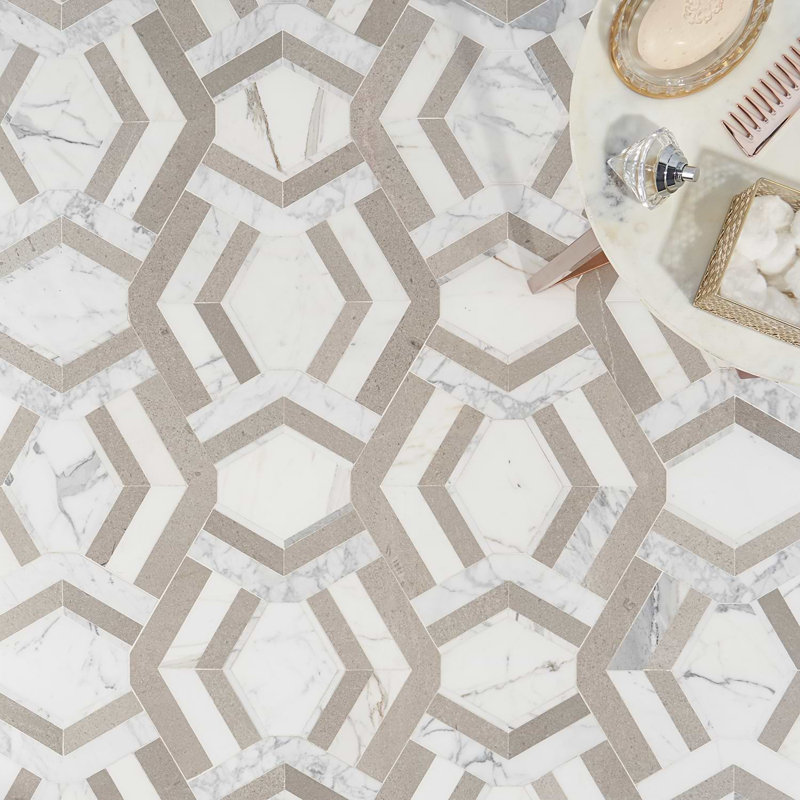 Mezzo 11x18 Polished Calacatta Marble Mosaic Tile, Andente Polished