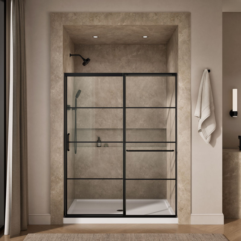 Elate Tall Sliding Shower Door, 75-1/2-In H X 56-1/4 - 59-5/8-In W, With Heavy 5/16-In Thick Crystal Clear Glass With Rectangular Grille Pattern