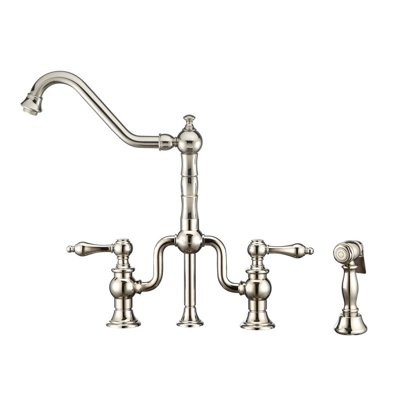 Robinet pont Whitehaus avec long bec pivotant traditionnel, douchette latérale solide, Nickel poli, Poignée levier