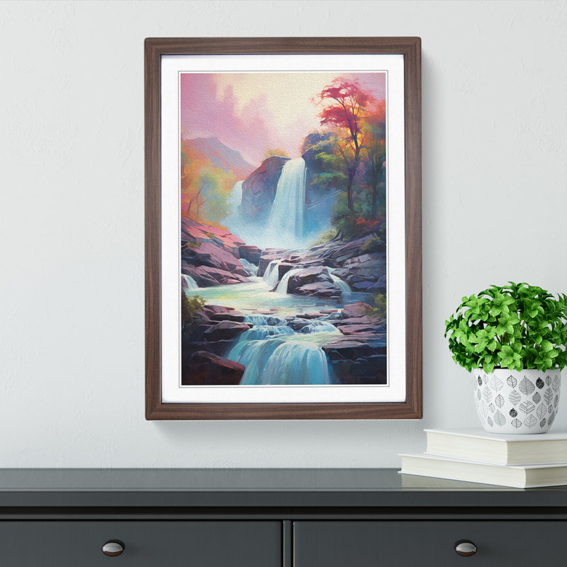 XYZ-FRM-V1223-6433 Waterfall Impressionism - Single Picture Frame Print on Wood, 64cm H x 46cm W x 2cm D, Walnut 